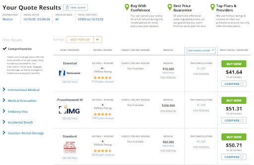 InsureMyTrip Quote Comparison